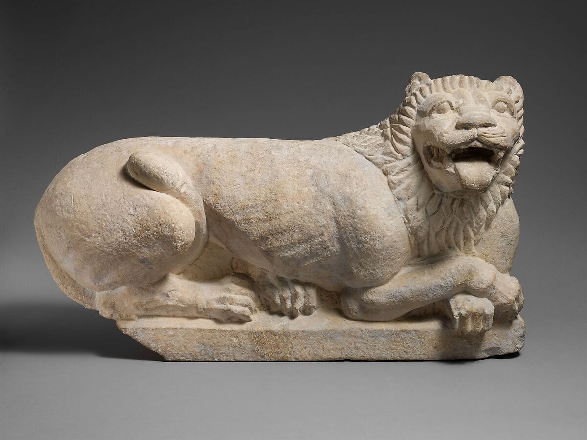 Limestone recumbant lion - image 1